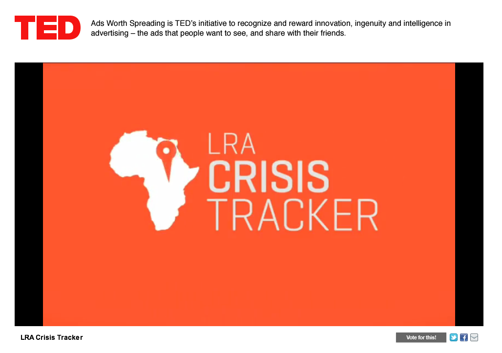 LRA Crisis Tracker ad considered in TED's Ads Worth Spreading challenge