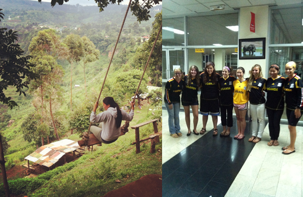LEFT: Susie enjoys a hillside swing at Sipi Falls. RIGHT: the group proudly sports Uganda Cranes jerseys at the airport before their flight home.