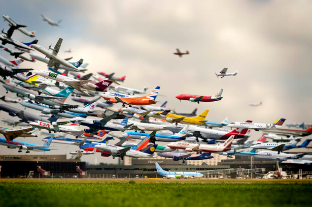 Multiple takeoffs at Hannover Airport in Germany.