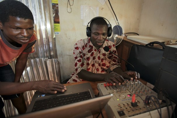 Local FM radio staff broadcasting "Come Home" radio messages in the Central African Republic (CAR)