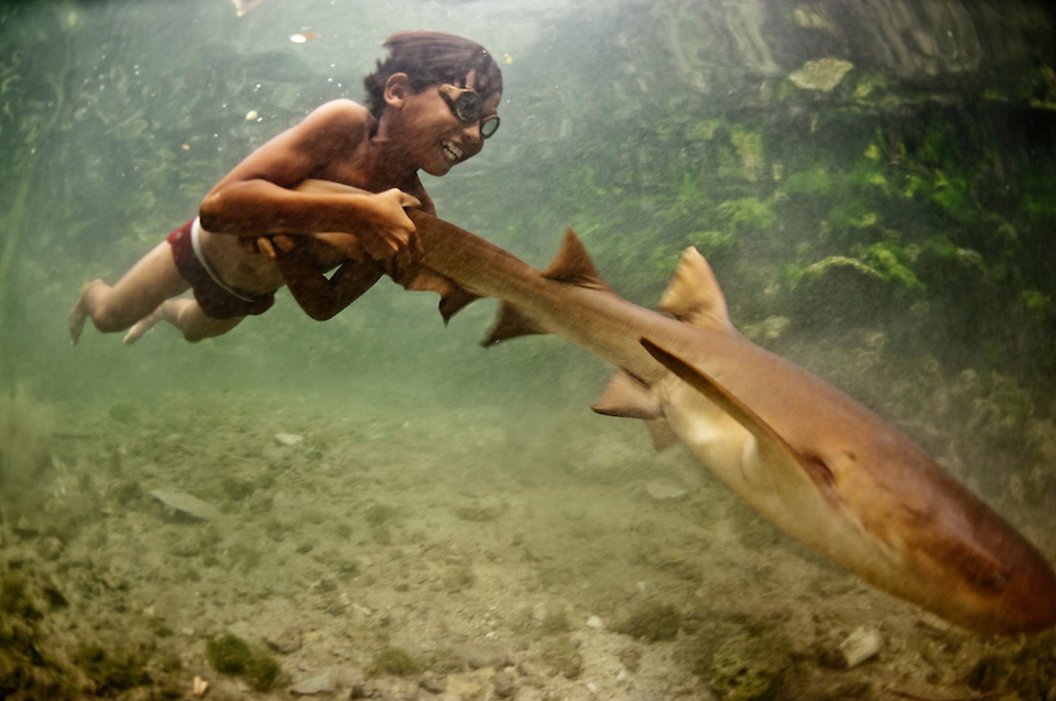 Bajau Laut youth, Enal, with his pet shark.
