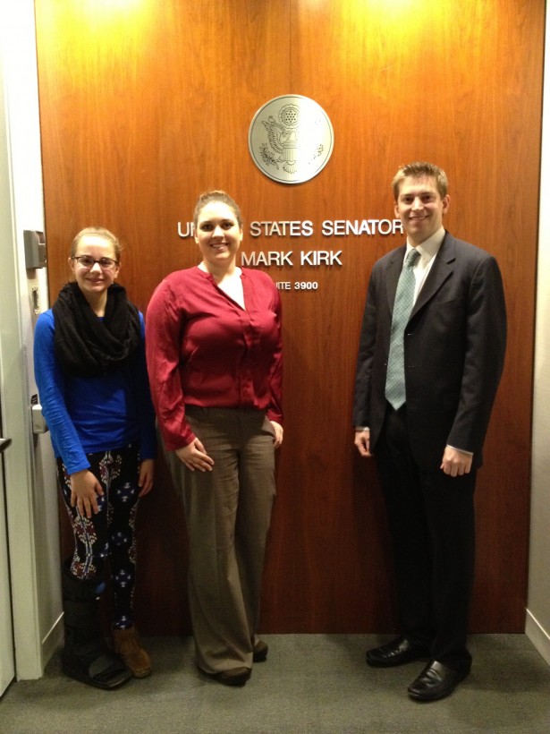 Activist Kateland Gough and Ciara Doherty meeting with a staffer from Senator Mark Kirk's office (R-IL)