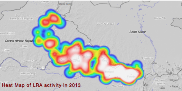 A heat map of LRA activity in 2013. The Kafia Kingi enclave is on the northwestern border of South Sudan (top and centre in the image, between Central African Republic and South Sudan).