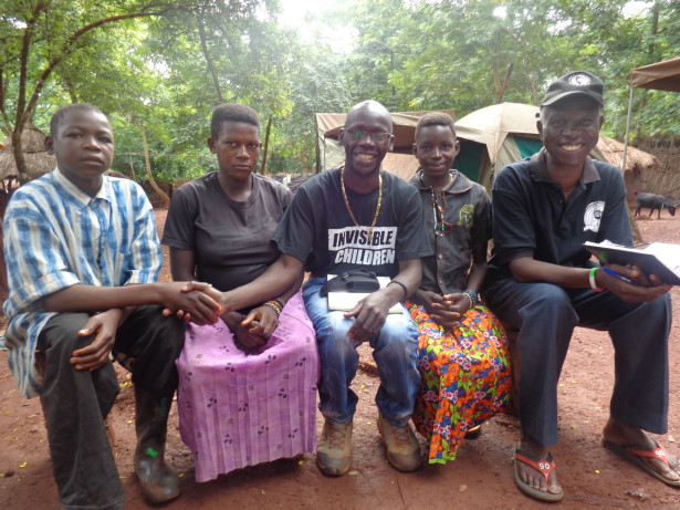 Three of the escapees with Invisible Children staff member x and Community Defection Committee leader x, in Obo, CAR yesterday.