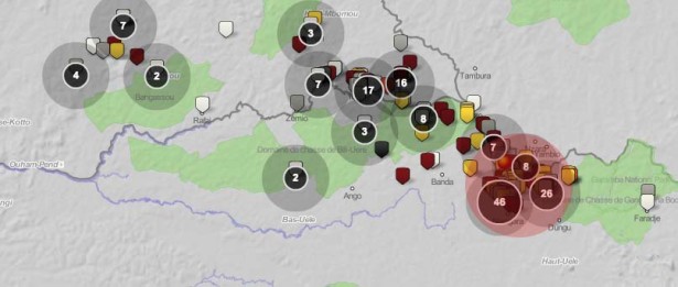 The LRA Crisis Tracker shows LRA activity throughout the DR Congo and CAR.