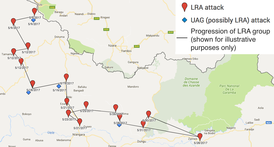 LRA attacks en route to Garamba National Park, May 2017.